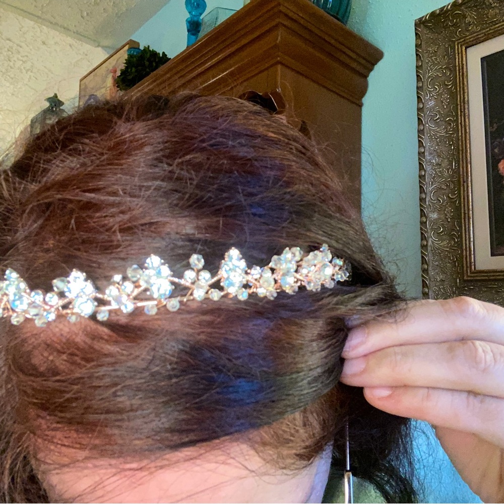 Rose gold tiara with crystals beads and rhinestones.